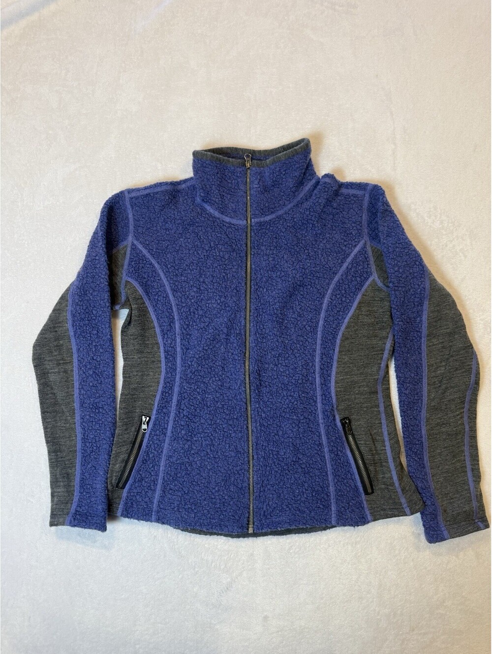 KUHL Fleece Sweater Jacket Full Zip Womens Large Sz XL Purple & Gray Wool